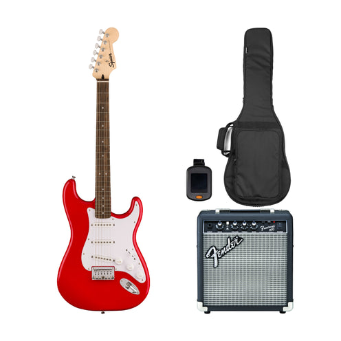Squier Sonic Stratocaster HT Electric Guitar Bundle w/White Pickguard, Laurel FB, Torino Red (SG)