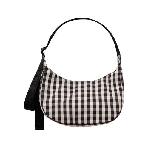 Baggu Medium Nylon Crescent Bag, Black and Cream Gingham