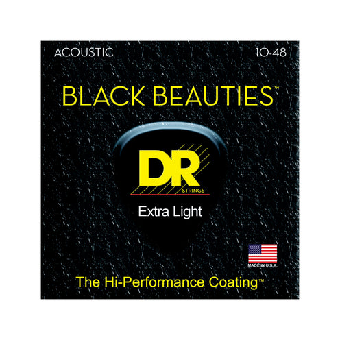 DR Strings BKA-10 Black Beauties K3 Coated Acoustic Guitar Strings, Extra Light, 10-48