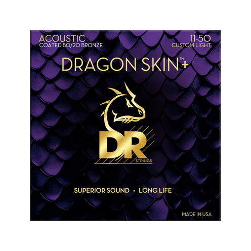 DR Strings DA8-11 Dragon Skin+ Coated 80/20 Bronze Acoustic Guitar Strings, Custom Light, 11-50