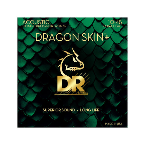 DR Strings DAP-10 Dragon Skin+ Coated Phosphor Bronze Acoustic Guitar Strings, Extra Light, 10-48