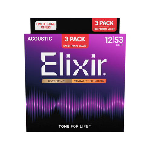 Elixir 16565 Nanoweb 80/20 Bronze Light Acoustic Guitar Strings, 12-53, 3-Pack