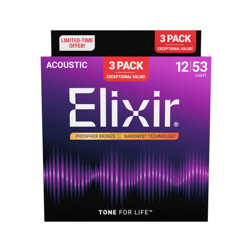 Elixir 16569 Nanoweb Phosphor Bronze Acoustic Guitar Strings, Light, 12-53, 3-Pack