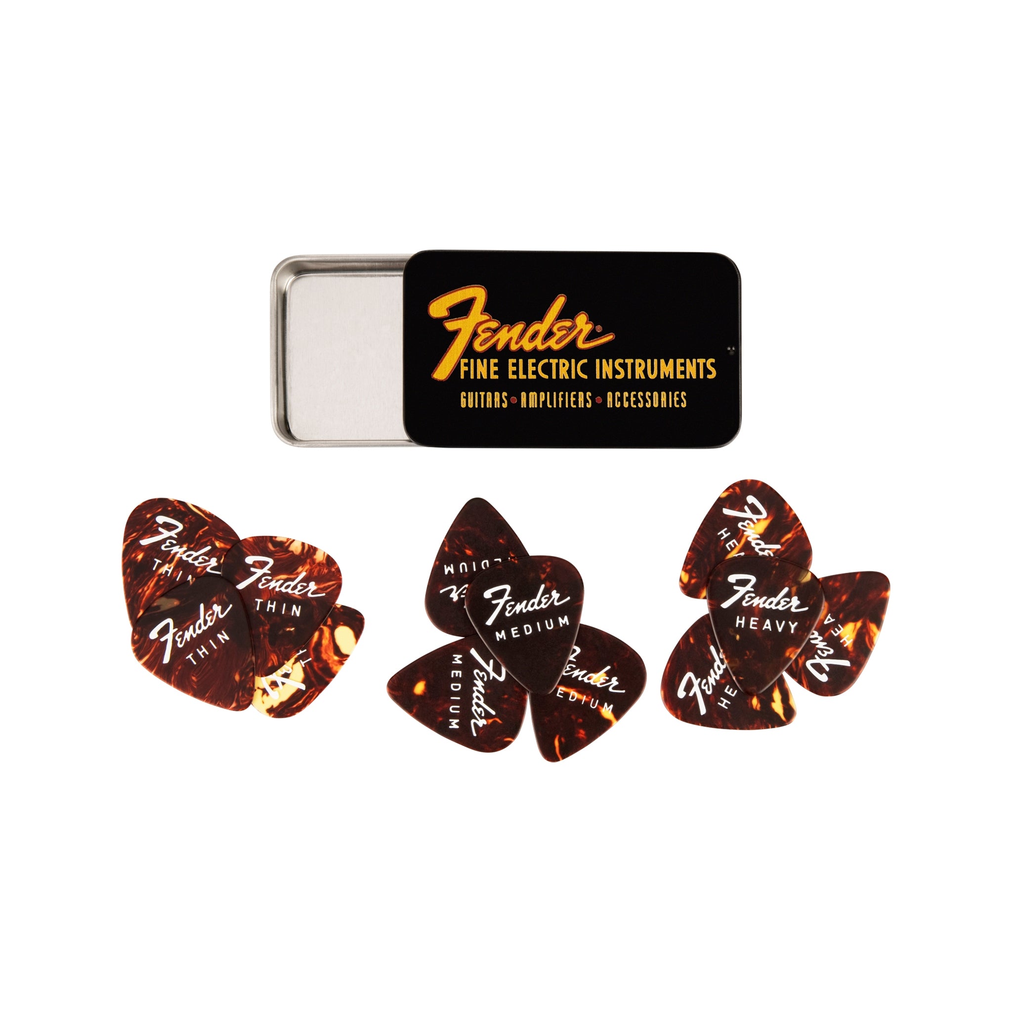 Fender Fine Electric Guitar Pick Tin, Assorted Gauge, 12-Pack