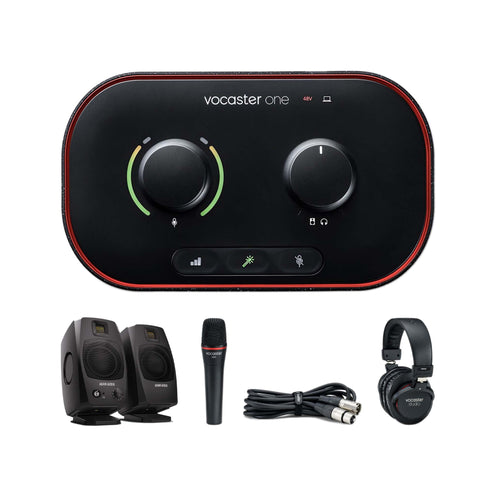 Focusrite Vocaster One podcasting Pack w/ Adam D3V Bundle, Black