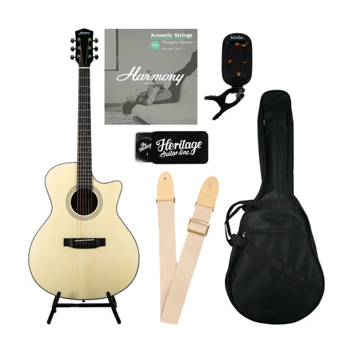 Harmony Foundation Series Terra GA Cutaway Acoustic Guitar Bundle, Natural Satin