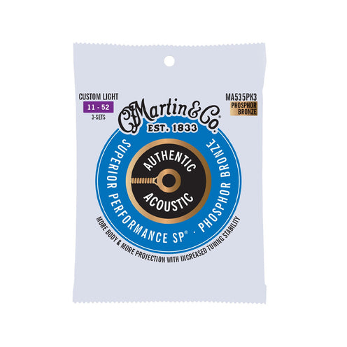 Martin MA535 Authentic Acoustic 92/8 Phosphor Bronze Custom Light Guitar Strings, 3-Pack