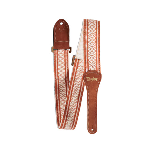 Taylor 2Inch Academy Jacquard Leather Guitar Strap w/Amber Buckle, White/Brown