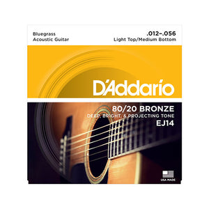 D'Addario EJ14 80/20 Bronze Acoustic Guitar Strings, Light Top/Medium Bottom/Bluegrass, 12-56