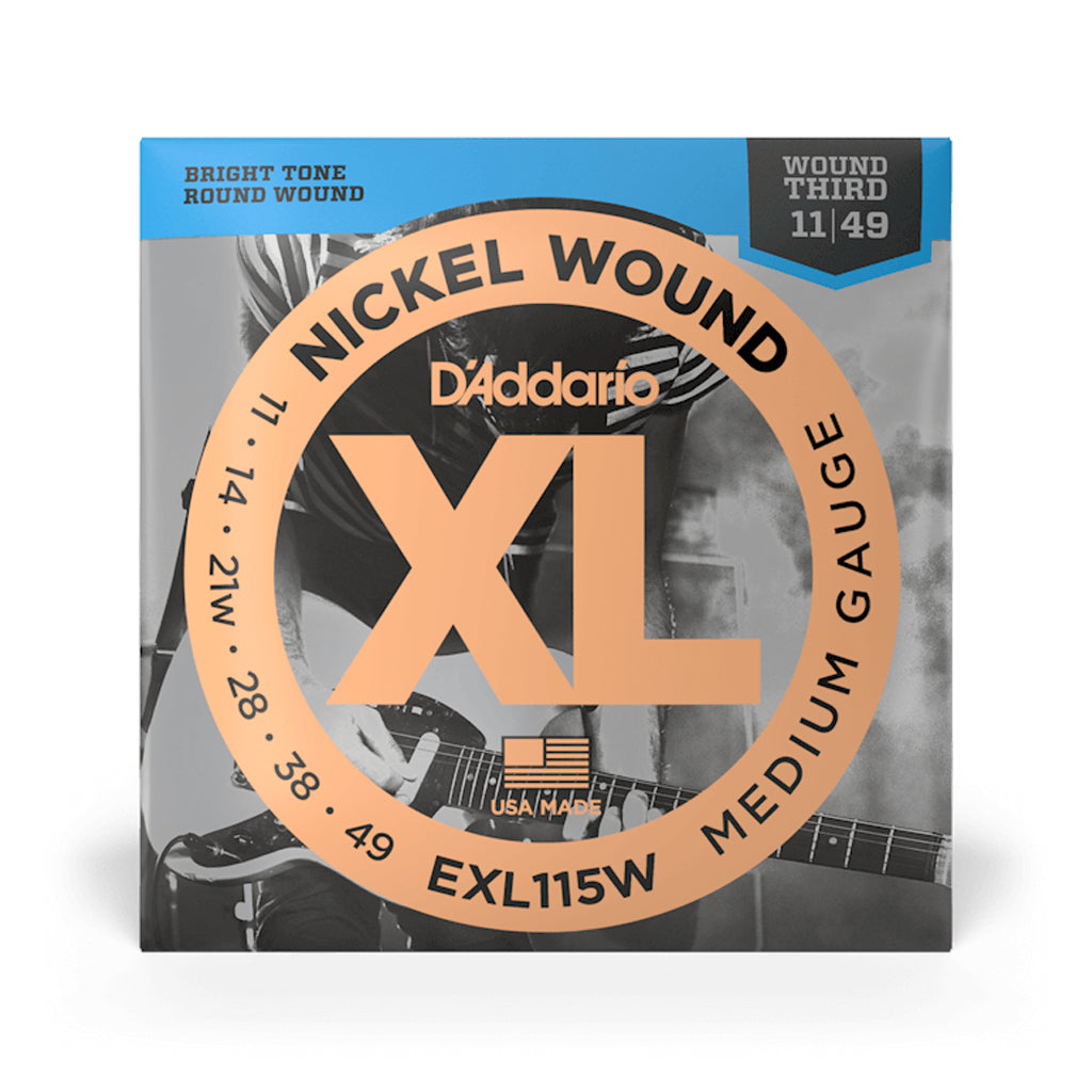 D'Addario EXL115W Nickel Wound Electric Guitar Strings, Medium/ Blues-Jazz Rock, Wound 3rd, 11-49