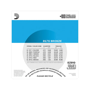 D'Addario EZ910 85/15 Bronze Acoustic Guitar Strings, Light, 11-52