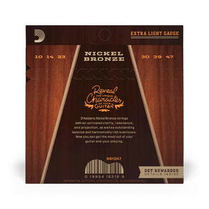 D'Addario NB1047 Nickel Bronze Acoustic Guitar Strings, Extra Light, 10-47