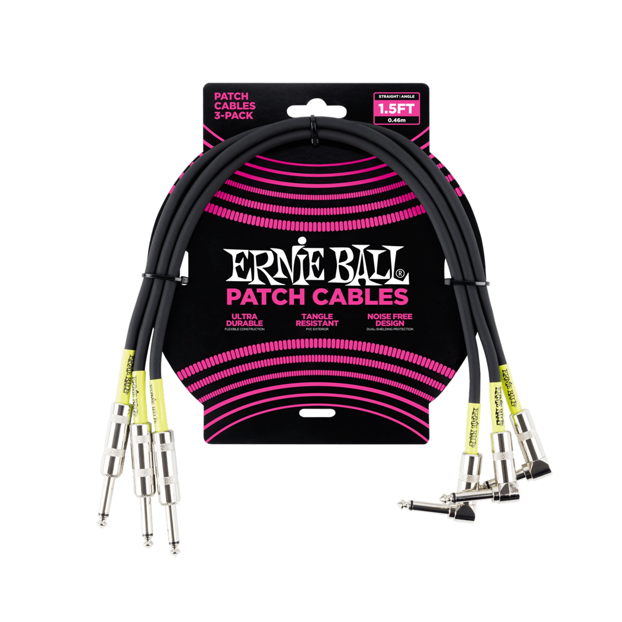 Ernie Ball 1.5 FT Straight to Angle Patch Cable, 3-Pack, Black