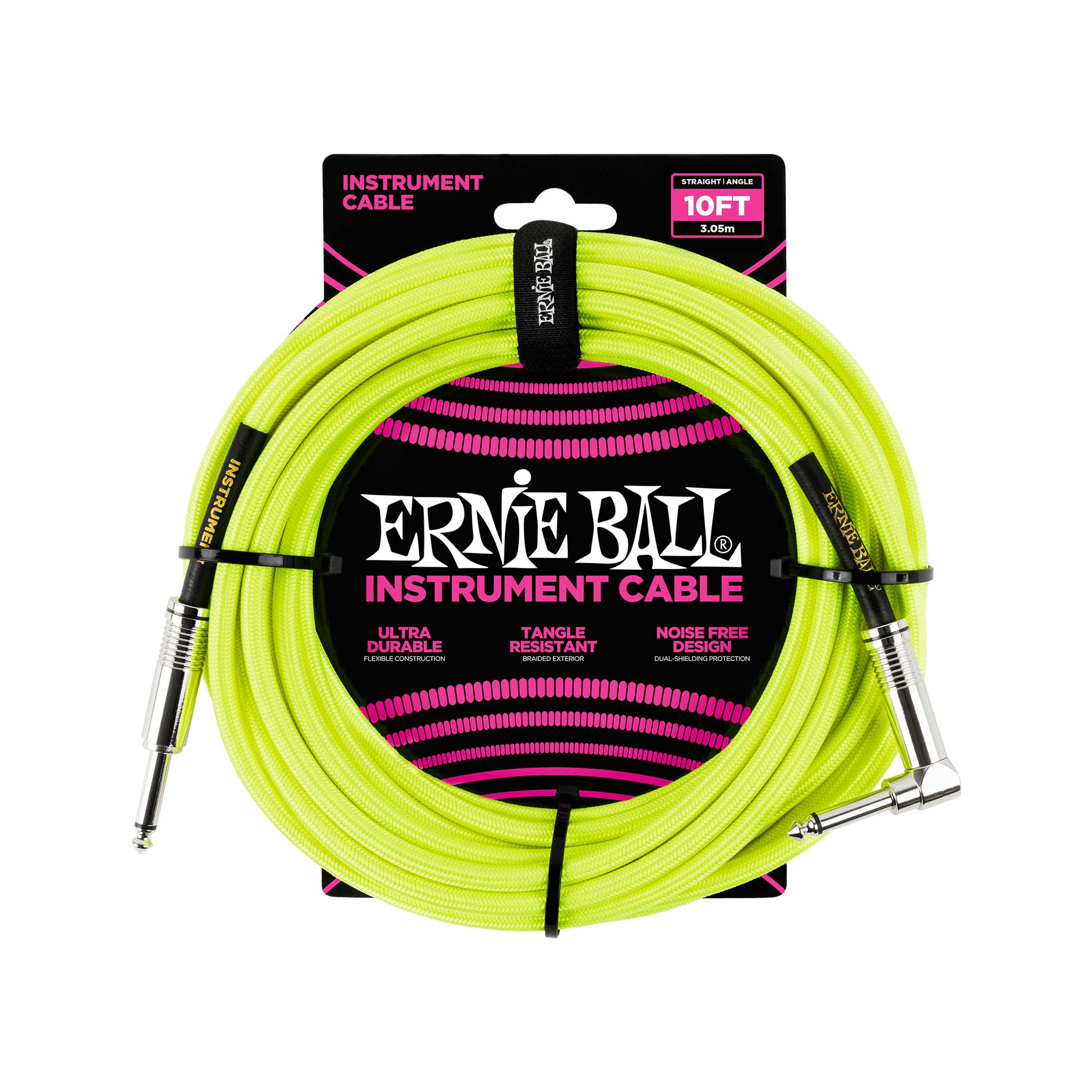 Ernie Ball 10FT Braided Straight to Angle Instrument Cable, Neon Yellow