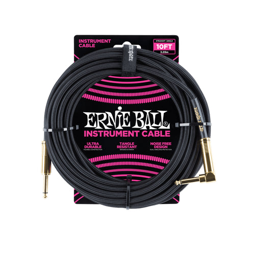 Ernie Ball 10 Feet Braided Straight to Angle Instrument Cable, Black