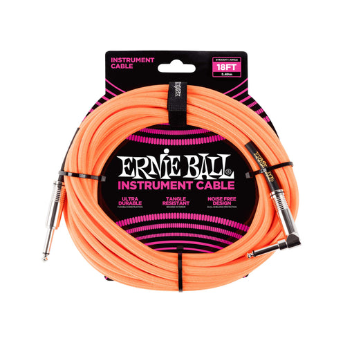 Ernie Ball 18ft Braided Straight to Angle Instrument Cable, Neon Orange