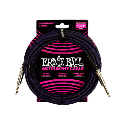 Ernie Ball 18ft Braided Straight to Straight Instrument Cable, Purple Black
