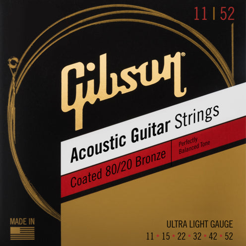 Gibson Coated 80/20 Bronze Acoustic Guitar Strings, Ultra Light, 11-52