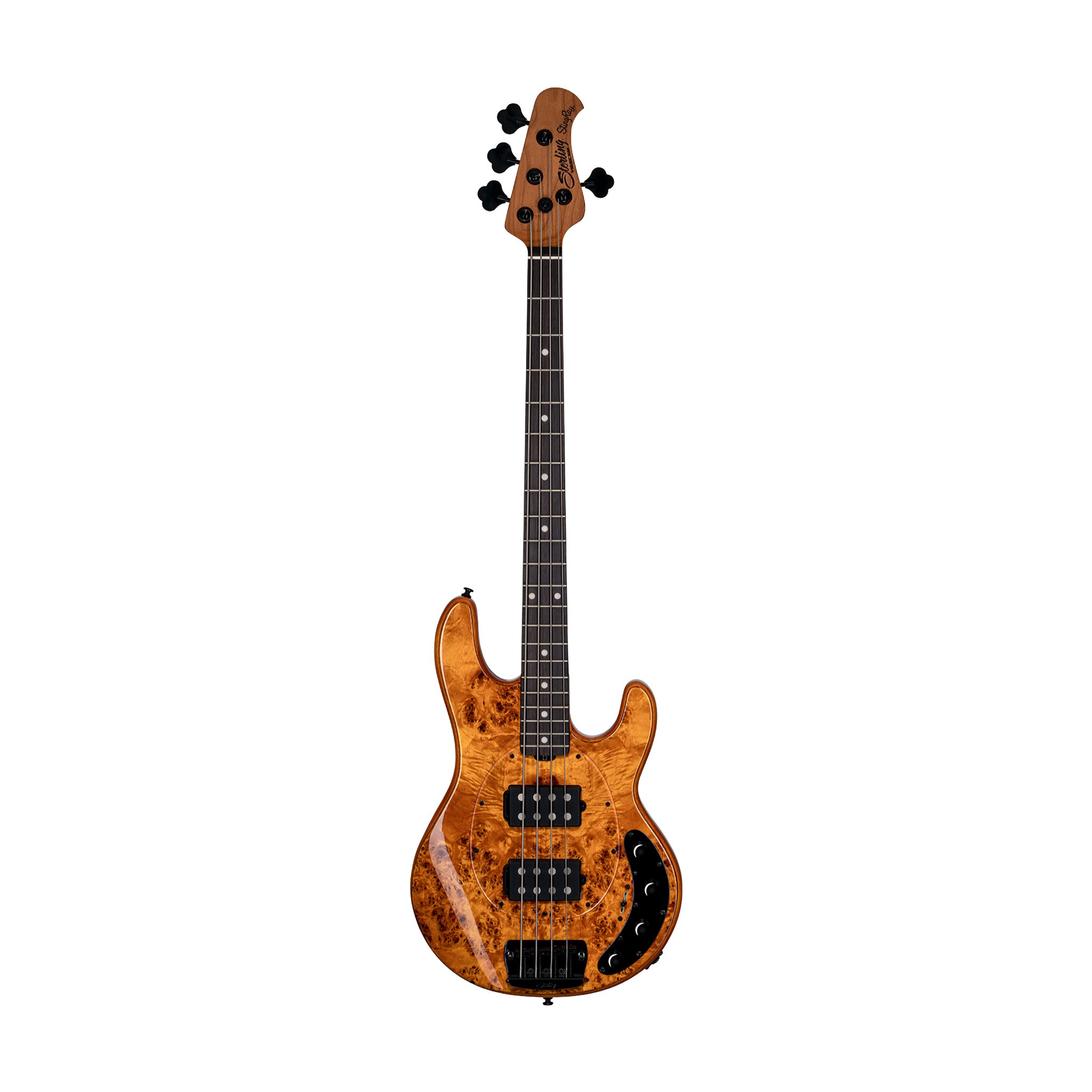 Sterling by Music Man Ray34 HH Poplar Burl Top Bass Guitar, Amber