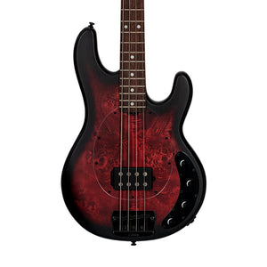 Sterling by Music Man Ray34 Poplar Burl Top 4-String Bass Guitar, Dark Scarlet Burst Satin
